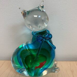 Lenox “Kitty’s Caper” Cat Figurine with Red Fish in Belly. Hand Blown Glass.